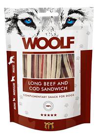 Woolf Przysmak Long Beef and Cod Sandwich dla psa op. 100g